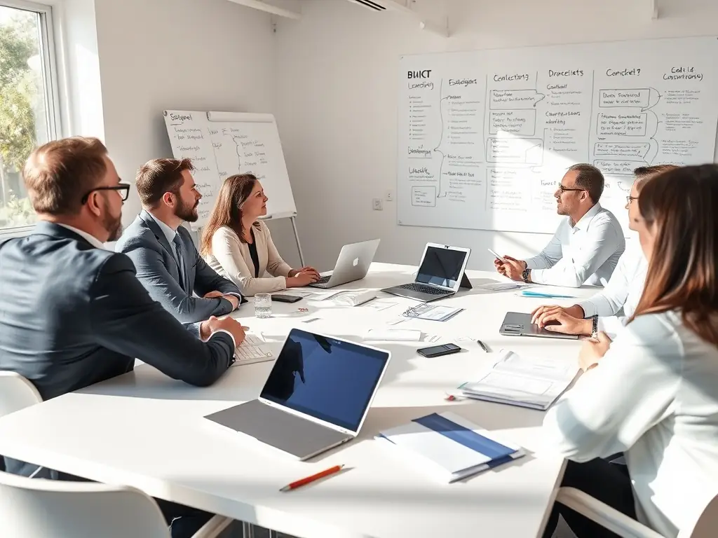 A diverse group of UK business leaders participating in a leadership development workshop, engaging in team-building activities and interactive discussions.