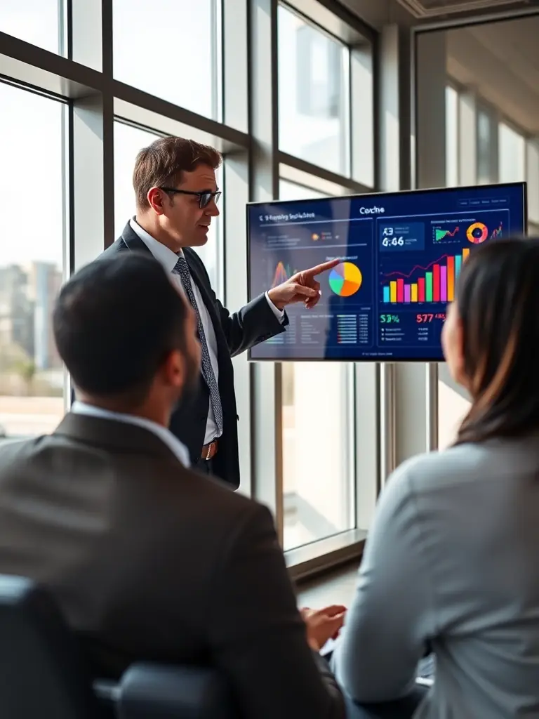 A business coach presenting data-driven insights and strategies to a client, using charts and graphs to illustrate performance improvements.