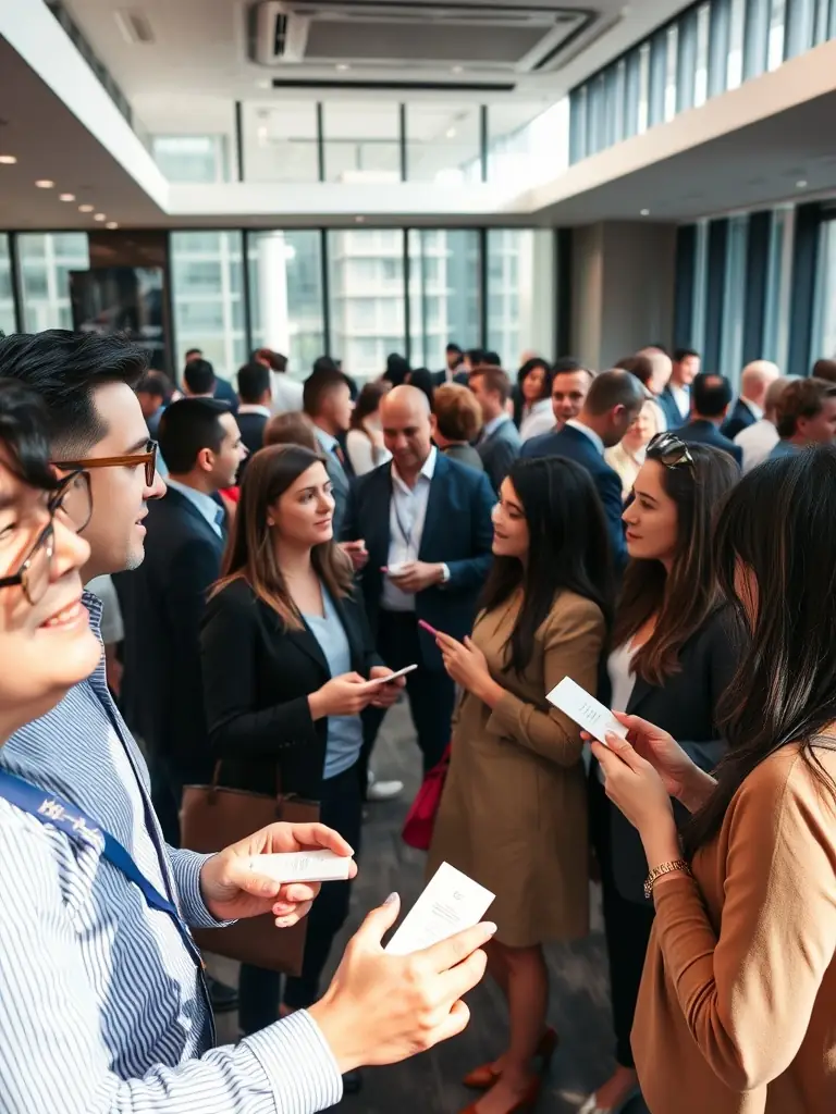A group of business professionals networking at a seminar, exchanging ideas and building connections.